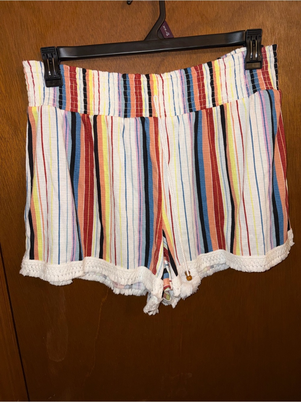 No Boundaries Multicolor Striped High Waist Shorts with Crochet Hem